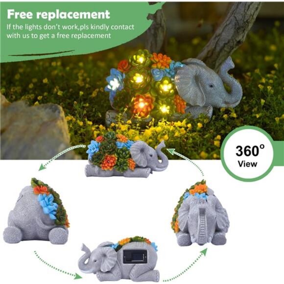 Elephant Statue with Succulent for Garden Decor: Solar Outdoor Sculptures - Picture 3 of 7